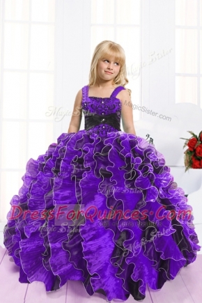 Organza Straps Sleeveless Lace Up Beading and Ruffles Little Girls Pageant Dress in Blue And Black