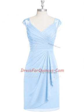 Custom Design Cap Sleeves Chiffon Knee Length Zipper Prom Dresses in Light Blue with Appliques and Ruching