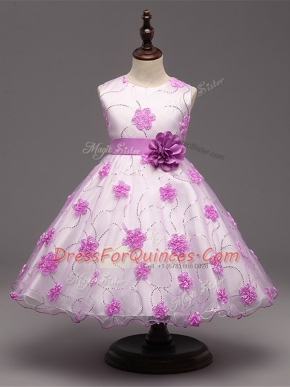 Sleeveless Knee Length Appliques Zipper Toddler Flower Girl Dress with White