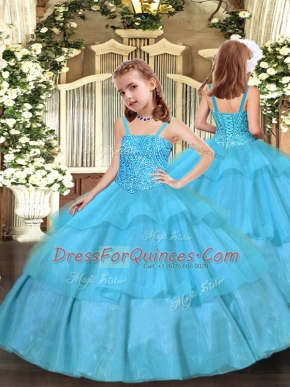 Aqua Blue Ball Gowns Beading and Ruffled Layers Little Girls Pageant Gowns Lace Up Organza Sleeveless Floor Length