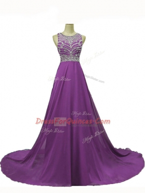 Popular Eggplant Purple Prom Dress Scoop Sleeveless Brush Train Backless