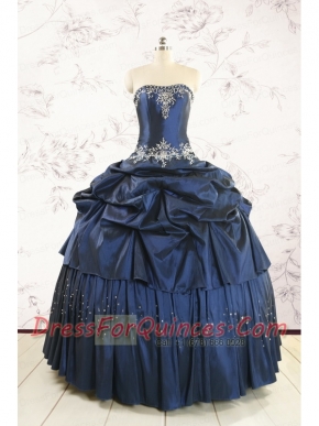 Cheap Navy Blue Quinceanera Dress with Embroidery and Pick Ups