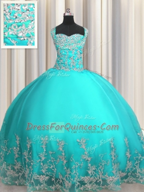Aqua Blue Sweetheart Lace Up Beading and Appliques Quinceanera Gown Sleeveless
