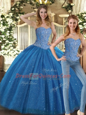 Most Popular Teal Ball Gowns Beading 15th Birthday Dress Lace Up Tulle Sleeveless Floor Length