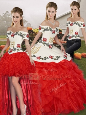 Sleeveless Floor Length Embroidery and Ruffles Lace Up Quinceanera Gowns with White And Red