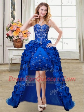 Modest Pick Ups High Low Ball Gowns Sleeveless Royal Blue Prom Evening Gown Lace Up