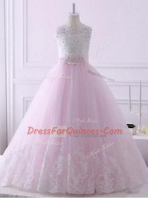 Hot Selling Tulle Scalloped Sleeveless Brush Train Lace Up Lace Pageant Gowns For Girls in Baby Pink