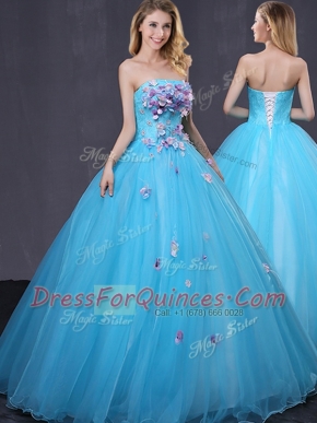Exceptional Baby Blue Sleeveless Appliques Floor Length Quinceanera Dresses