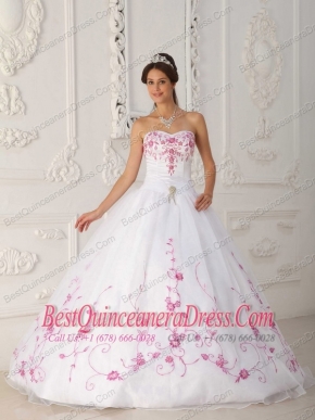 White Ball Gown Strapless Floor-length Satin and Organza Embroidery Quinceanera Dress