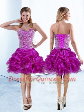 Suitable Fuchsia Lace Up Sweetheart Beading and Ruffles and Pick Ups Evening Dress Organza Sleeveless