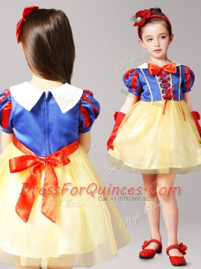 Short Sleeves Mini Length Zipper Flower Girl Dress Blue and Yellow for Party and Quinceanera and Wedding Party with Bowknot