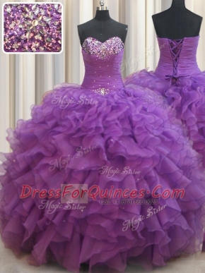 Sweetheart Sleeveless Ball Gown Prom Dress Floor Length Beading and Ruffles Eggplant Purple Organza