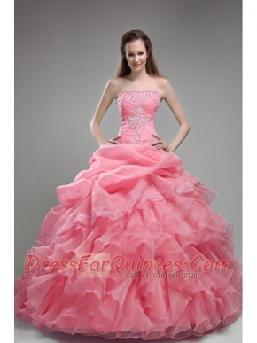 Watermelon Ball Gown Sweet-heart Floor-length Orangza Quinceanera Dress With  Beading and Ruffles