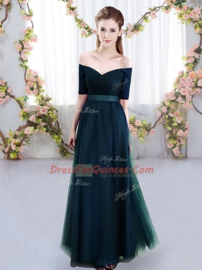 Navy Blue Quinceanera Court Dresses Prom and Party and Wedding Party with Ruching Off The Shoulder Short Sleeves Lace Up