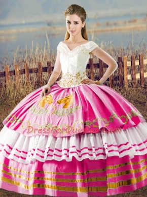 Glittering Hot Pink Satin Lace Up 15th Birthday Dress Sleeveless Floor Length Embroidery and Ruffled Layers