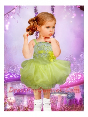 Exquisite Spaghetti Straps Appliques and Ruffles Tea-length Yellow Green Little Girl Dress