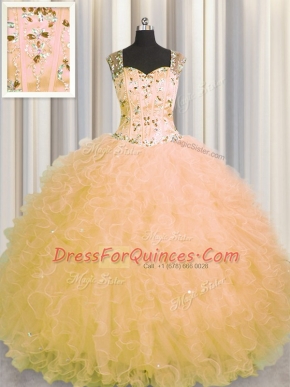Stylish See Through Zipper Up Gold Sleeveless Tulle Zipper Vestidos de Quinceanera for Military Ball and Sweet 16 and Quinceanera