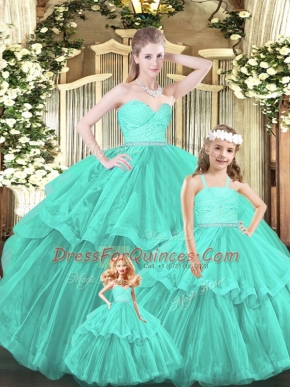 Nice Aqua Blue 15 Quinceanera Dress Military Ball and Sweet 16 and Quinceanera with Lace and Ruffled Layers Sweetheart Sleeveless Lace Up