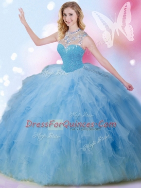 Floor Length Blue Quince Ball Gowns Tulle Sleeveless Beading and Ruffles and Sequins