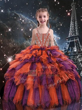 Rust Red Lace Up Straps Beading and Ruffles Kids Formal Wear Tulle Sleeveless