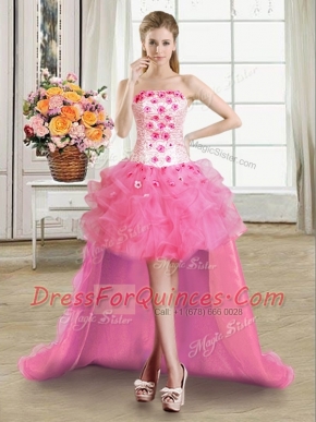 Vintage Rose Pink Lace Up Beading and Appliques and Ruffles Sleeveless High Low