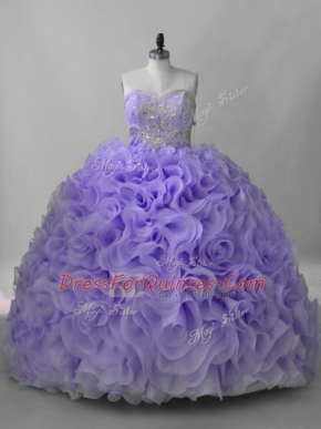 Lavender Fabric With Rolling Flowers Lace Up Sweetheart Sleeveless Quinceanera Dress Brush Train Beading