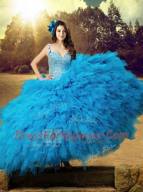 Straps Sleeveless Lace Up 15th Birthday Dress Baby Blue Tulle