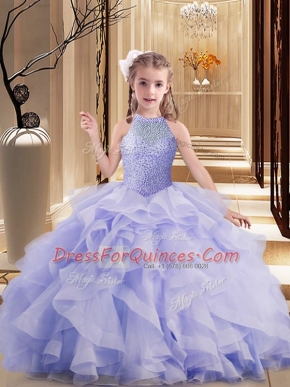 Elegant Lavender Sleeveless Beading and Ruffles Lace Up Little Girls Pageant Dress