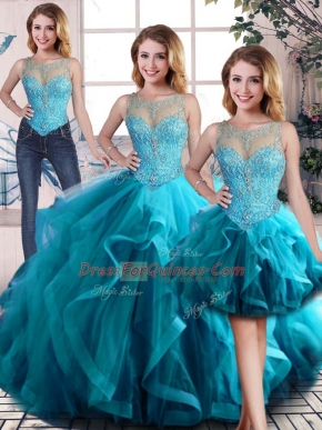 Decent Aqua Blue Sleeveless Tulle Lace Up Quince Ball Gowns for Sweet 16 and Quinceanera