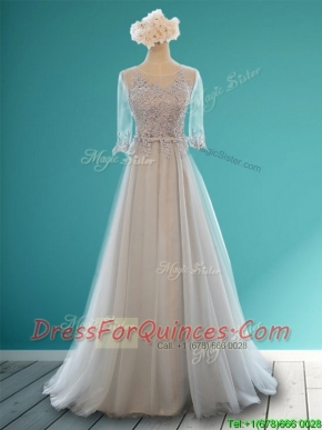 Luxurious Scoop Half Sleeves Grey Prom Dresses with Appliques and Belt