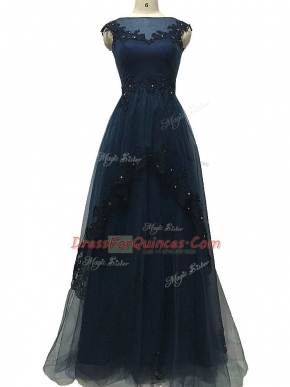 Enchanting Navy Blue Empire Tulle Bateau Sleeveless Lace and Appliques Floor Length Zipper Prom Party Dress