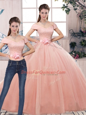 Pink Two Pieces Lace and Hand Made Flower Vestidos de Quinceanera Lace Up Tulle Short Sleeves Floor Length