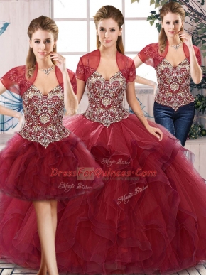 Three Pieces 15 Quinceanera Dress Burgundy Off The Shoulder Tulle Sleeveless Floor Length Lace Up