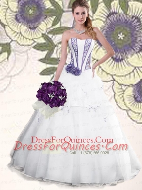 White Strapless Hand Made Flowers Organza Quinceanera Gown