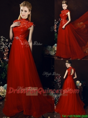 Beautiful High Neck Open Back Beaded Dama Dresses with Brush Train