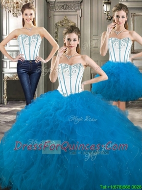 Exclusive Beaded and Ruffled Detachable Quinceanera Dresses in Blue and White