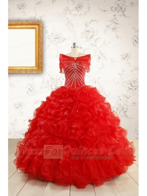 Exquisite Beading and Ruffles Red Quinceanera Gowns with Wrap for 2015