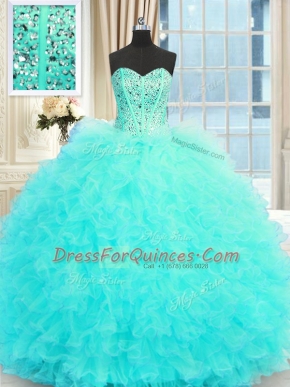 Luxurious Aqua Blue Lace Up Sweetheart Beading and Ruffles 15th Birthday Dress Tulle Sleeveless