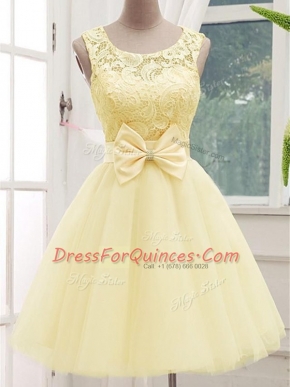 Attractive Light Yellow Scoop Neckline Lace and Bowknot Quinceanera Court of Honor Dress Sleeveless Lace Up