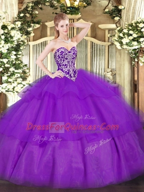 Purple Sweetheart Neckline Beading and Ruffled Layers 15th Birthday Dress Sleeveless Lace Up