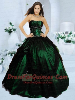 Popular Strapless Dark Green Quinceanera Dresses with Appliques and Hand Made Flower