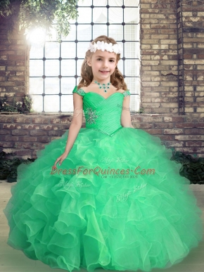 Fancy Straps Sleeveless Lace Up Kids Pageant Dress Apple Green Organza
