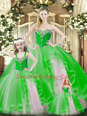 Charming Green Ball Gowns Beading and Ruffles Sweet 16 Dresses Lace Up Organza Sleeveless Floor Length