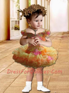 2014 Off the Shoulder Short Little Girl Dress with  Beading and Ruffles