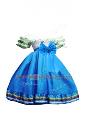 New Arrival Ball Gowns Flower Girl Dresses Baby Blue Off The Shoulder Taffeta Short Sleeves Floor Length Lace Up