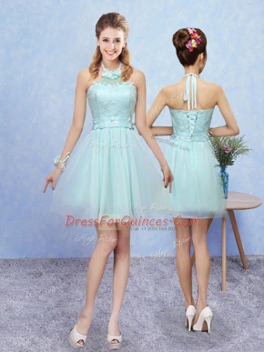 Glorious Aqua Blue Halter Top Neckline Lace Damas Dress Sleeveless Lace Up