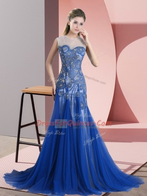 Delicate Royal Blue Prom Dress Scoop Sleeveless Brush Train Backless