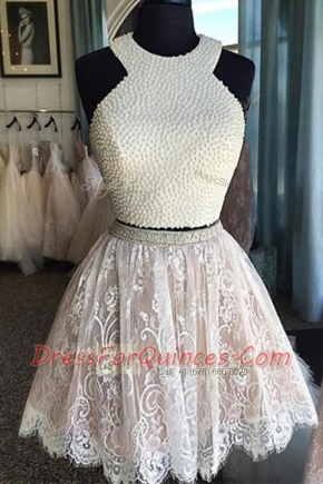 Best Halter Top White Zipper Prom Evening Gown Beading and Lace Sleeveless Knee Length