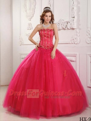 Elegant Ball Gown Strapless Floor-length Tulle Beading Hot Pink Quinceanera Dress
