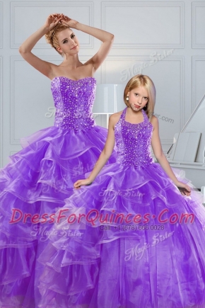 Ruffled Sweetheart Sleeveless Lace Up 15 Quinceanera Dress Lavender Organza